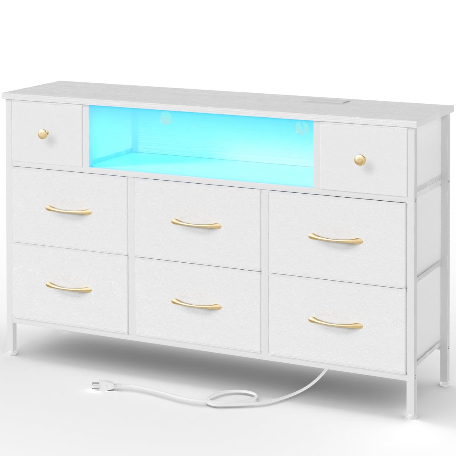Storage Cabinets & Lockers,55 Inch Dresser with Power Outlets and LED Lights, 8-Drawer Chest(White)