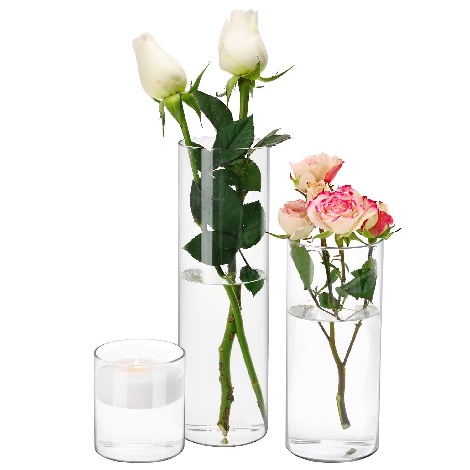 Glass Vase,Cylinder Vases for Centerpieces 3pcs Different Sizes Tall Clear Vases4'' + 8'' + 12''(High)