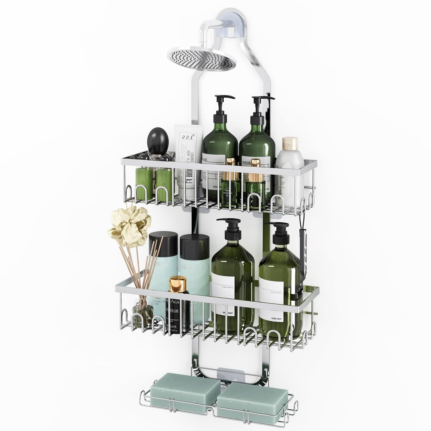 Iron Craft Shelf,Adjustable Silver Shower Caddy - 3-Tier Organizer with Soap Holders & Hooks for Bathroom Storage