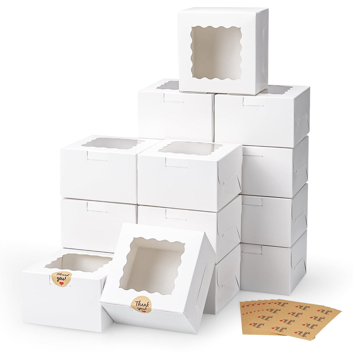 Paper Box,80pcs Elegant White Cookie Boxes - 4x4x2.5 Inch Windowed Bakery Boxes with Stickers