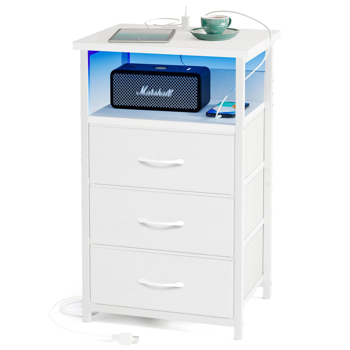 Nightstands,LED Nightstand with Charging Station - 3 Fabric Drawer Bedside Table with USB Ports & Outlets (White)