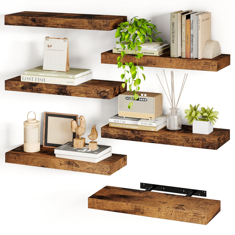 SUPERLELE 6-Piece Floating Shelves for Wall, Wall Mounted Rustic Wood Shelves