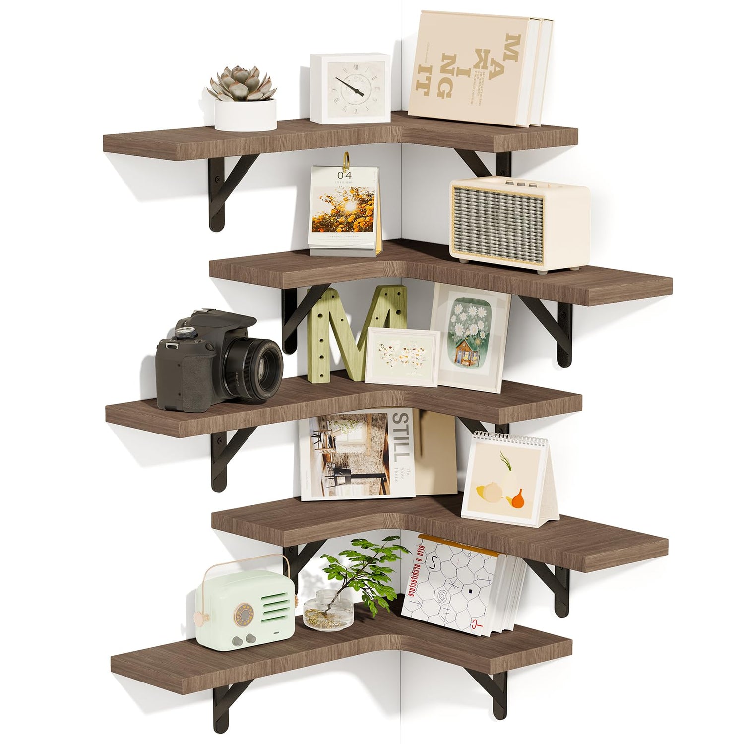 Floating Shelves,5 Piece Corner Floating Shelf Set - Wall Mounted Rustic Wood Storage for Bathroom