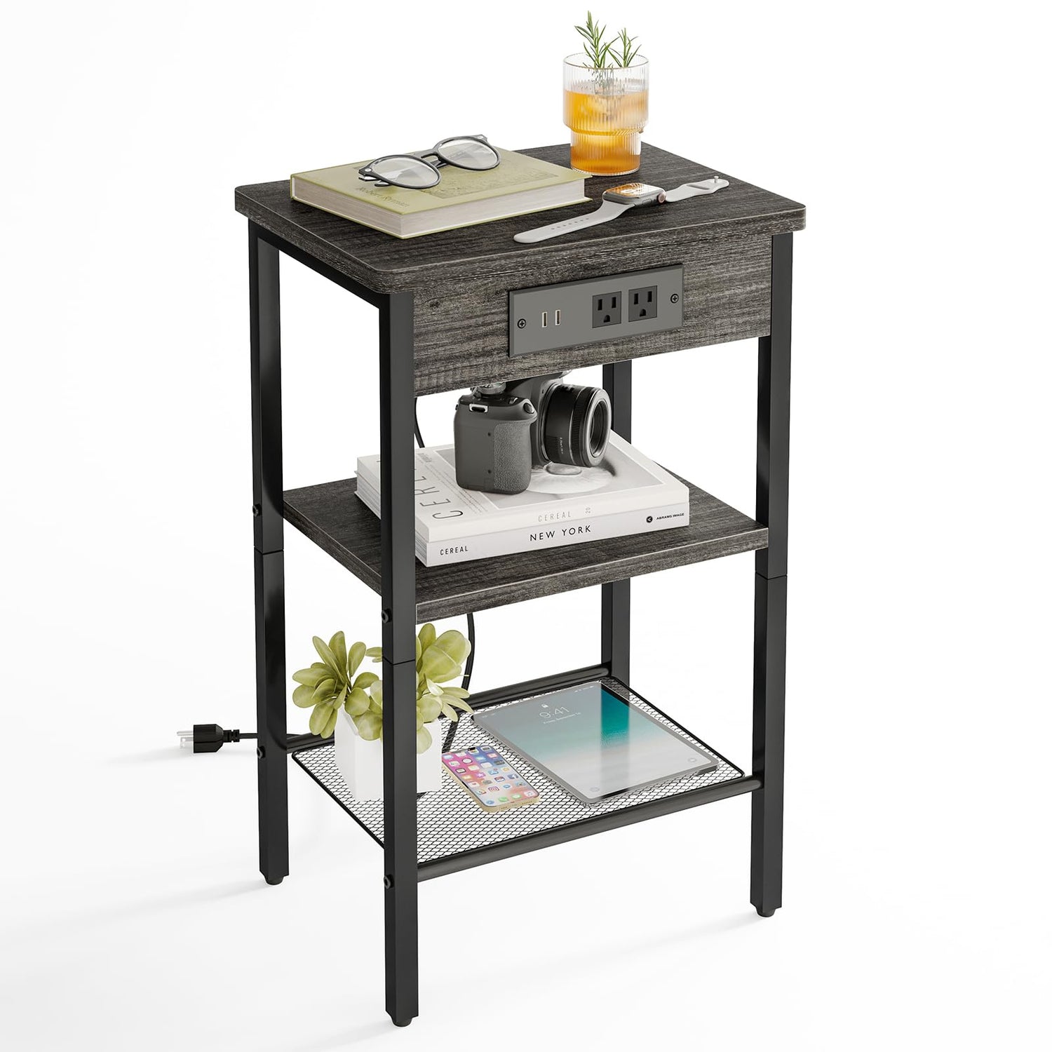 Storage Cabinets & Lockers,Industrial 3-Tier Side Table with Charging Station - Narrow Nightstand for Small Spaces