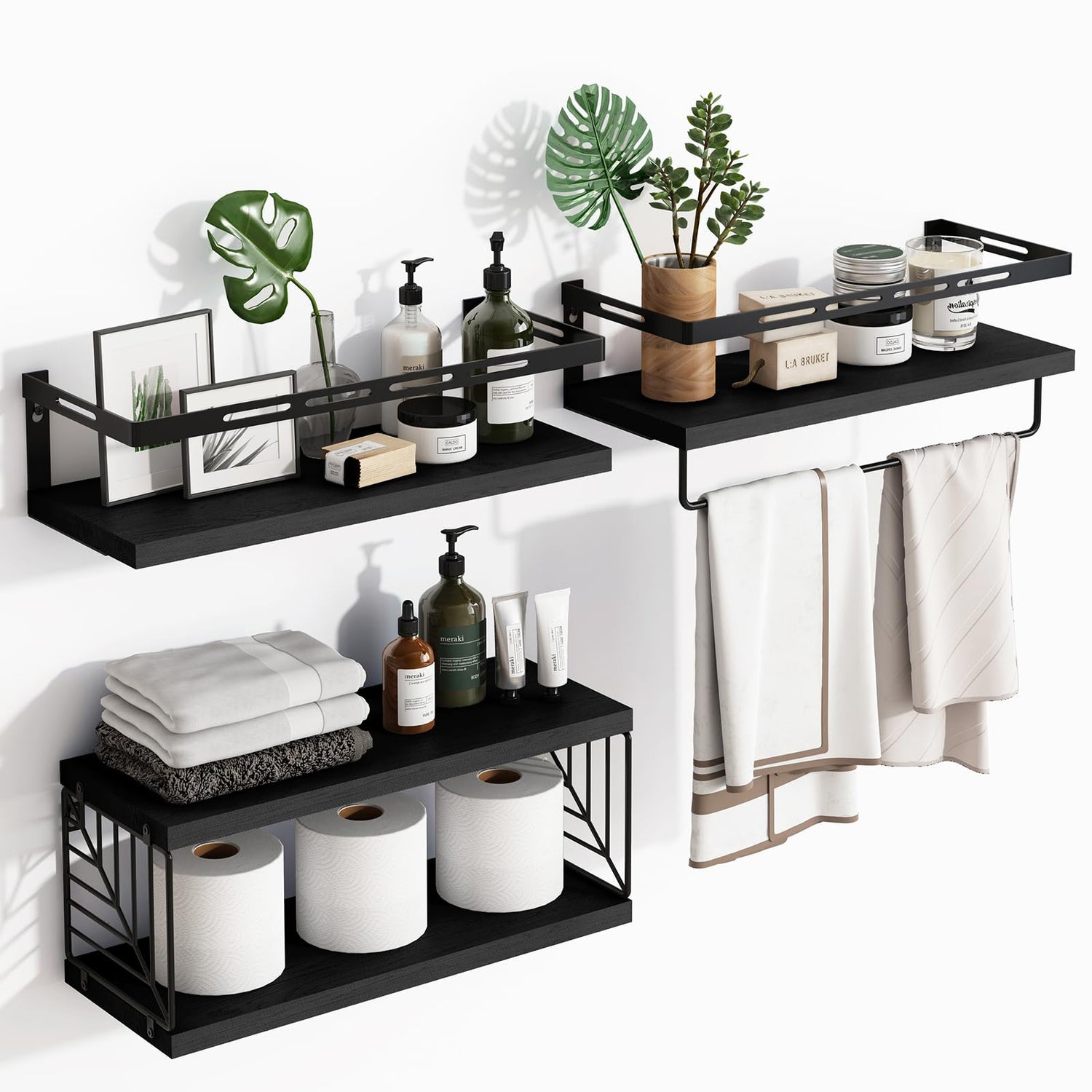 Floating Shelves,3+1 Tier Rustic Wall-Mounted Bathroom Shelves with Towel Bar - Space-Saving Storage for Toilet(Black)