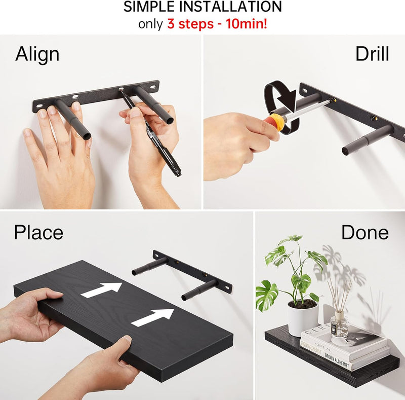 SUPERLELE 4-Pieces Floating Shelves for Wall, Wall Mounted Rustic Wood Shelves Black