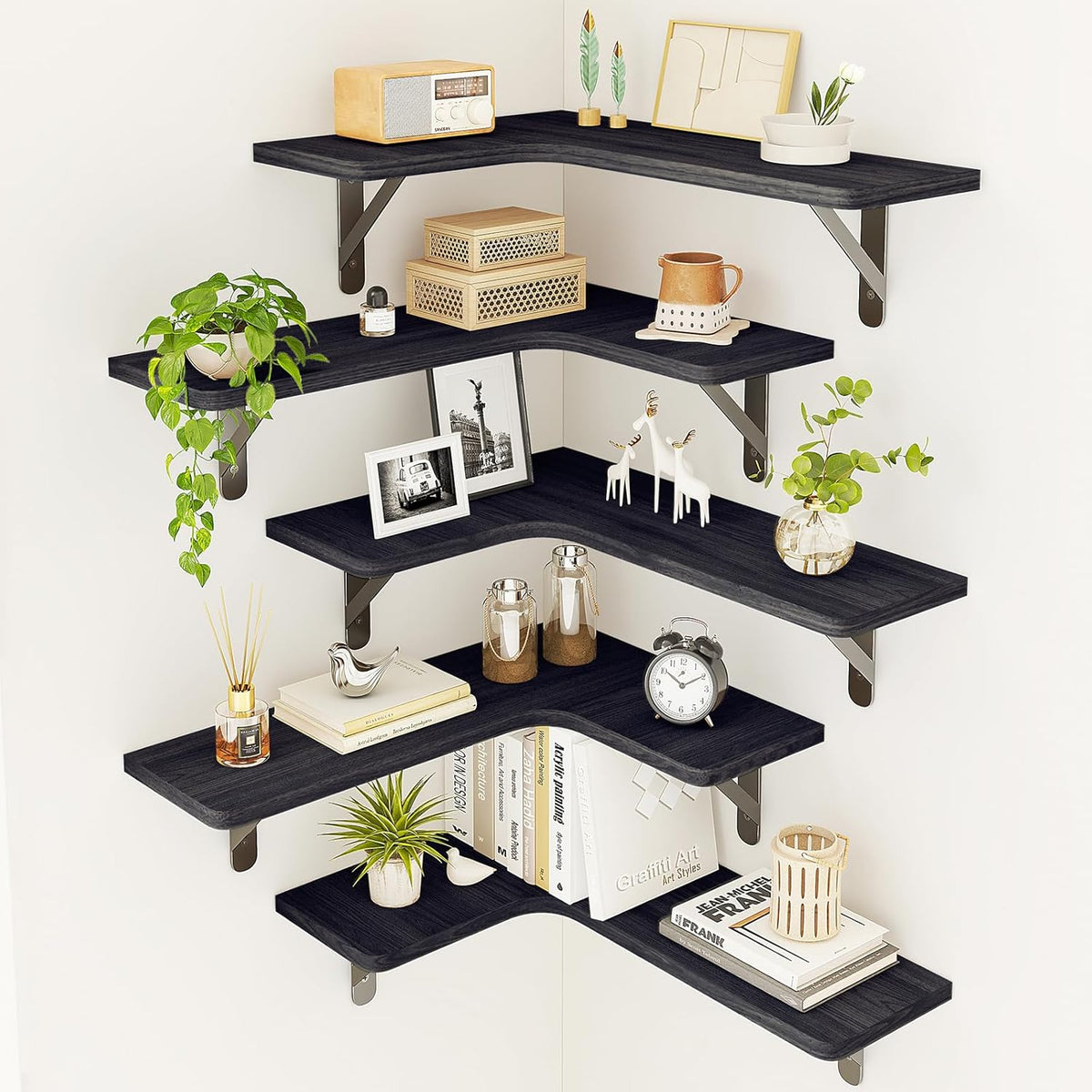 Floating Shelves,Black, Set of 5,Board size: 16.1*11.4 inches, depth-5.5inches, thickness-0.6 inches