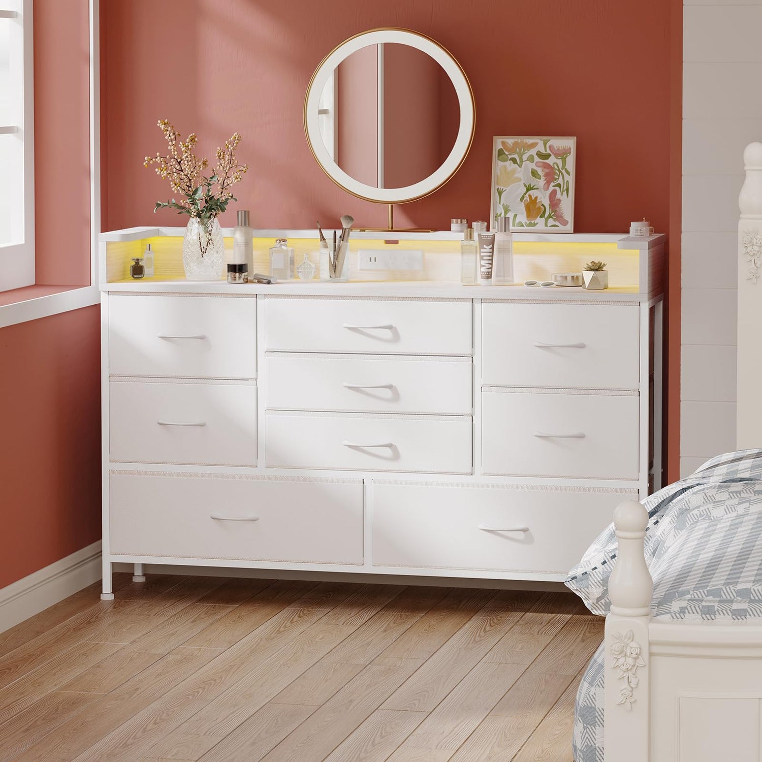Storage Cabinets & Lockers,9-Drawer LED Dresser with Charging Station - White PU Leather Storage Chest