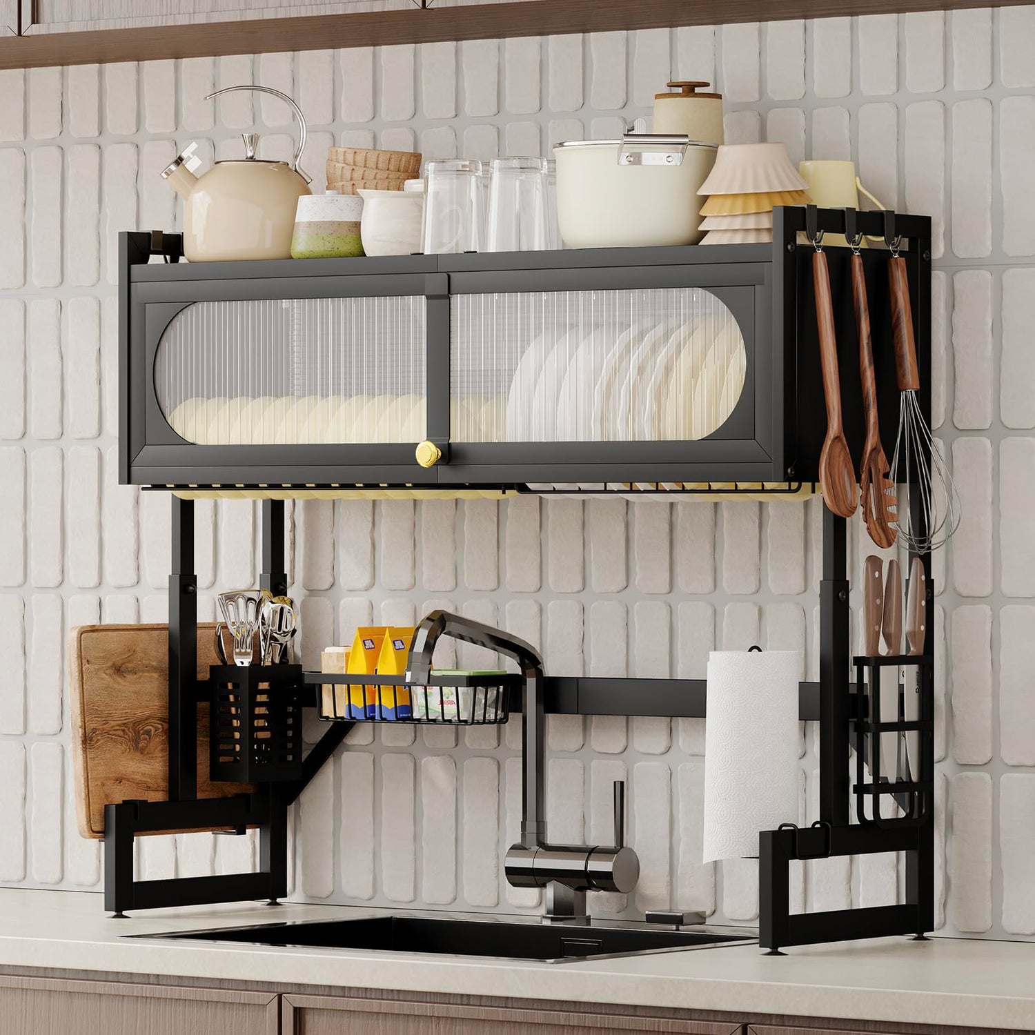 Iron Craft Shelf,3-Tier Expandable Dish Drying Rack for Kitchen Sink - Space Saving Black Steel Organizer with Adjustable Height
