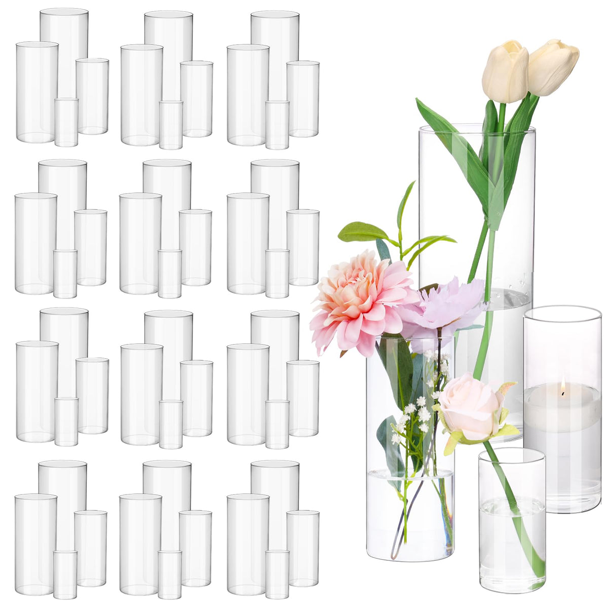 Glass Vase,48-Piece Glass Cylinder Vase Set 4 Sizes (4", 6", 8")