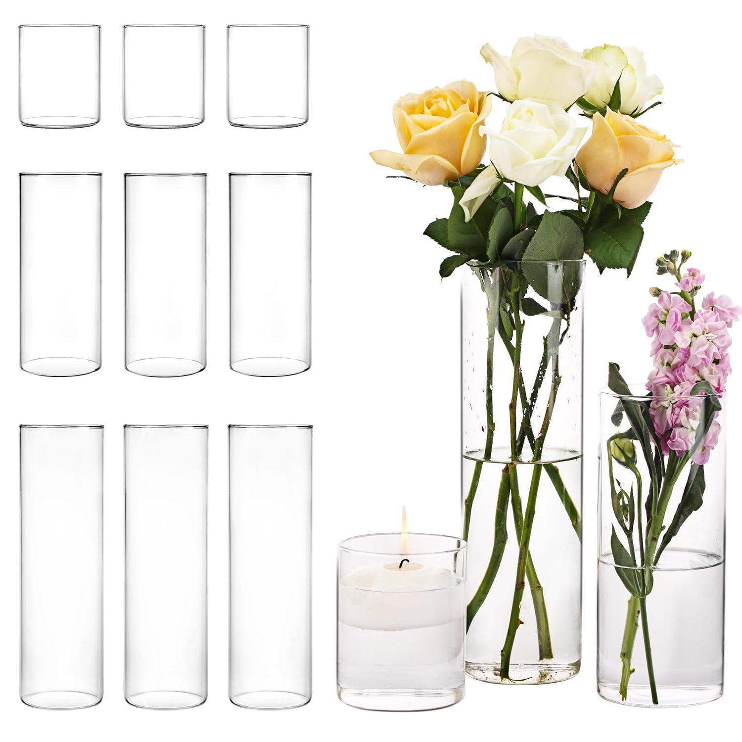 Glass Vase,12-Piece Tall Glass Vase Set - 4", 8", 12" Cylinder Vases