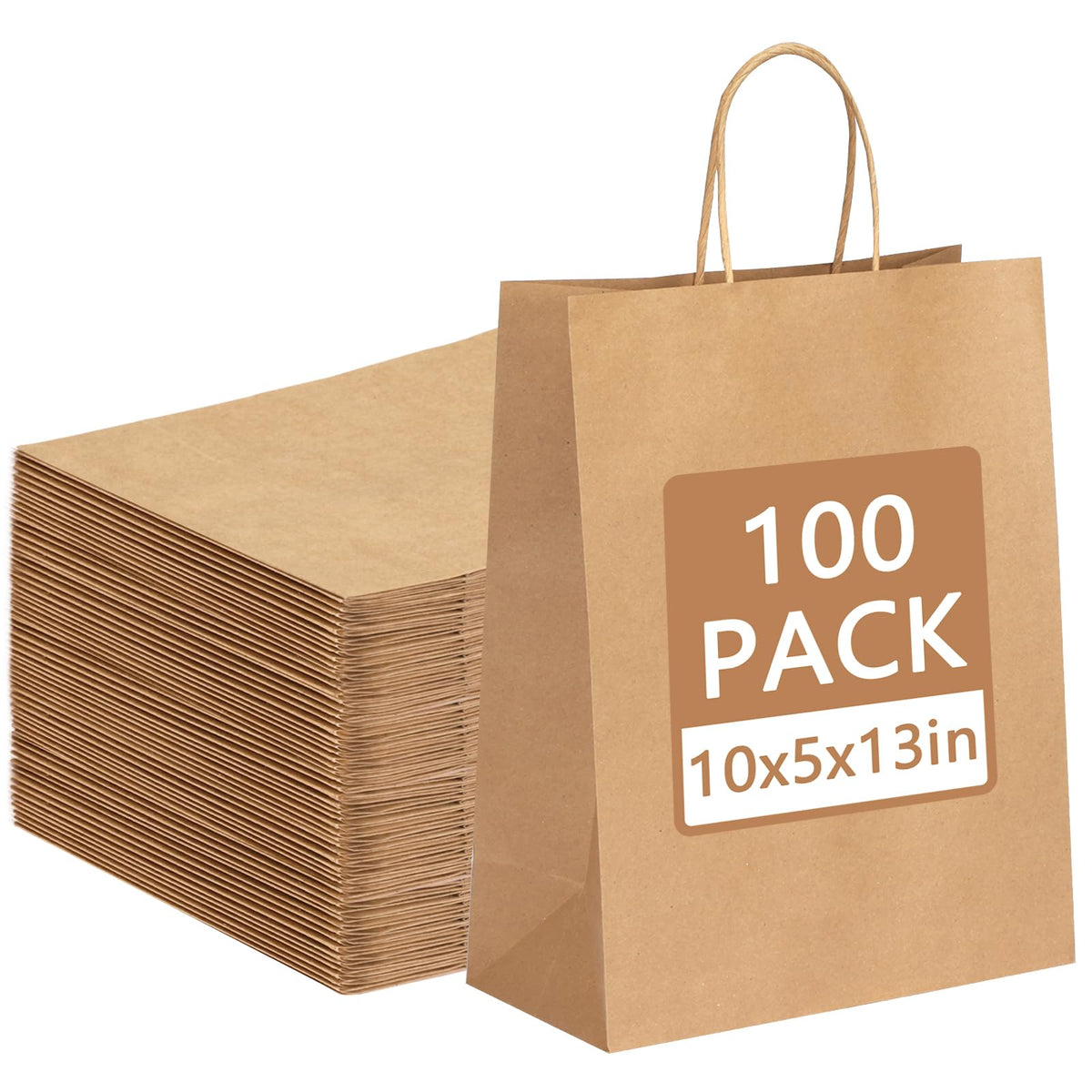 Paper Bag,100-Pack Large Kraft Paper Gift Bags (10x5x13 Inches) with Reinforced Handles