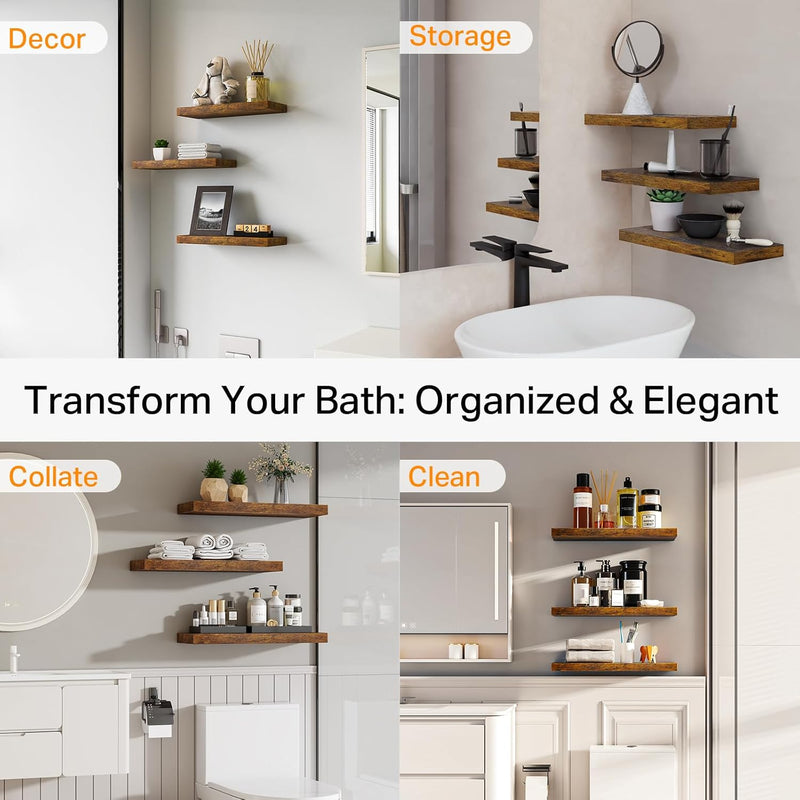 SUPERLELE 4-Pieces Floating Shelves for Wall, Wall Mounted Rustic Wood Shelves Rustic Brown