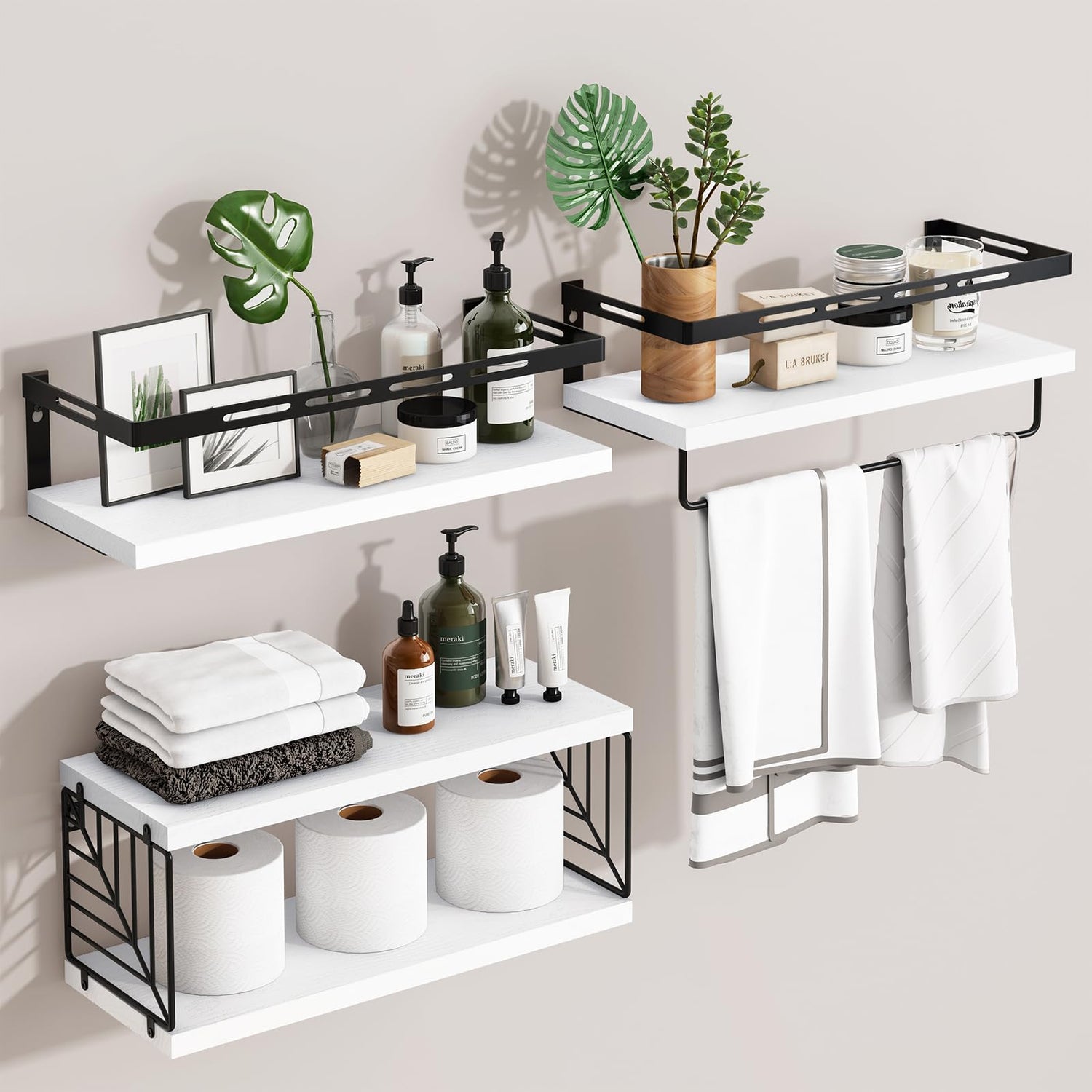 Floating Shelves,Wall Mounted Bathroom Shelves with Towel Bar, Rustic Wood