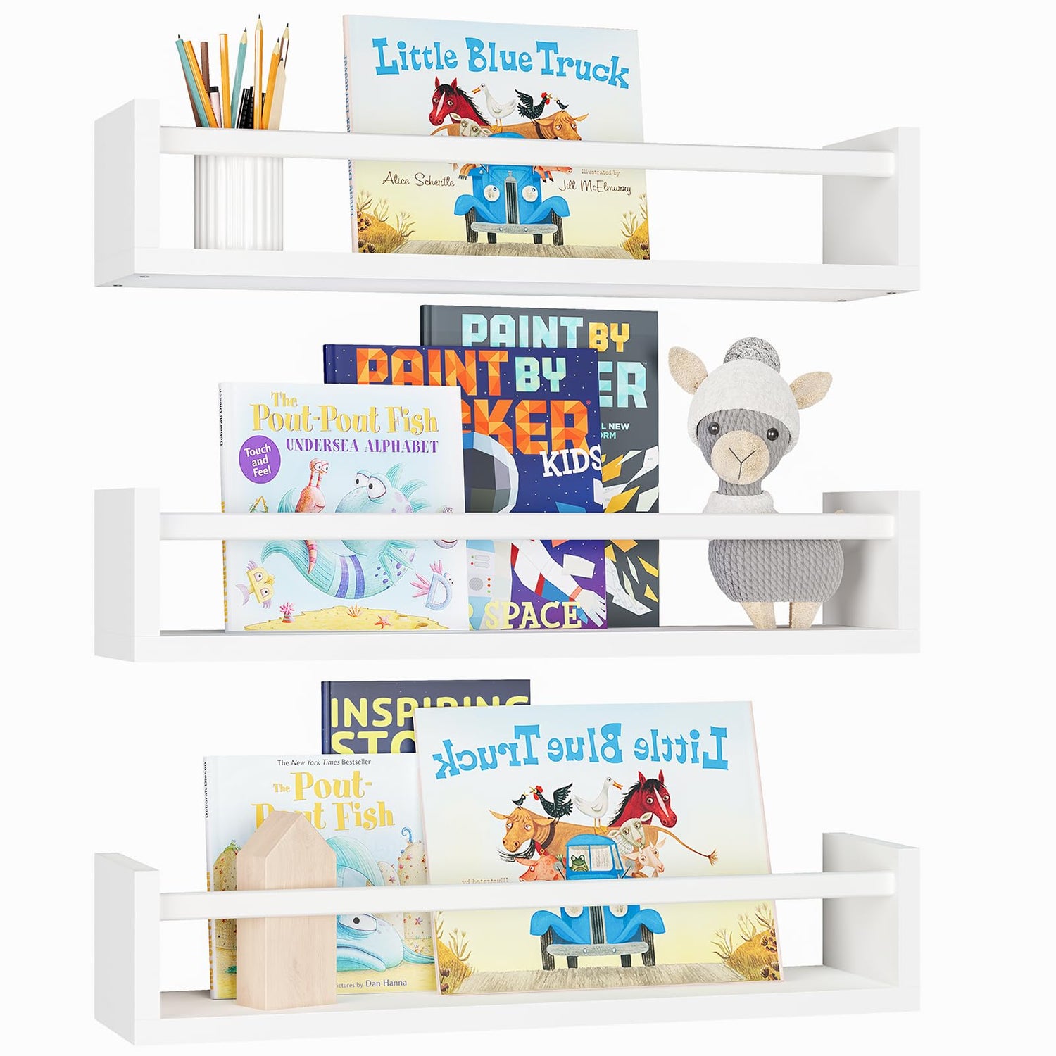 Floating Shelves,Set of 3 Nursery Bookshelves - Wall-Mounted Floating Shelves for Kids' Rooms (White)
