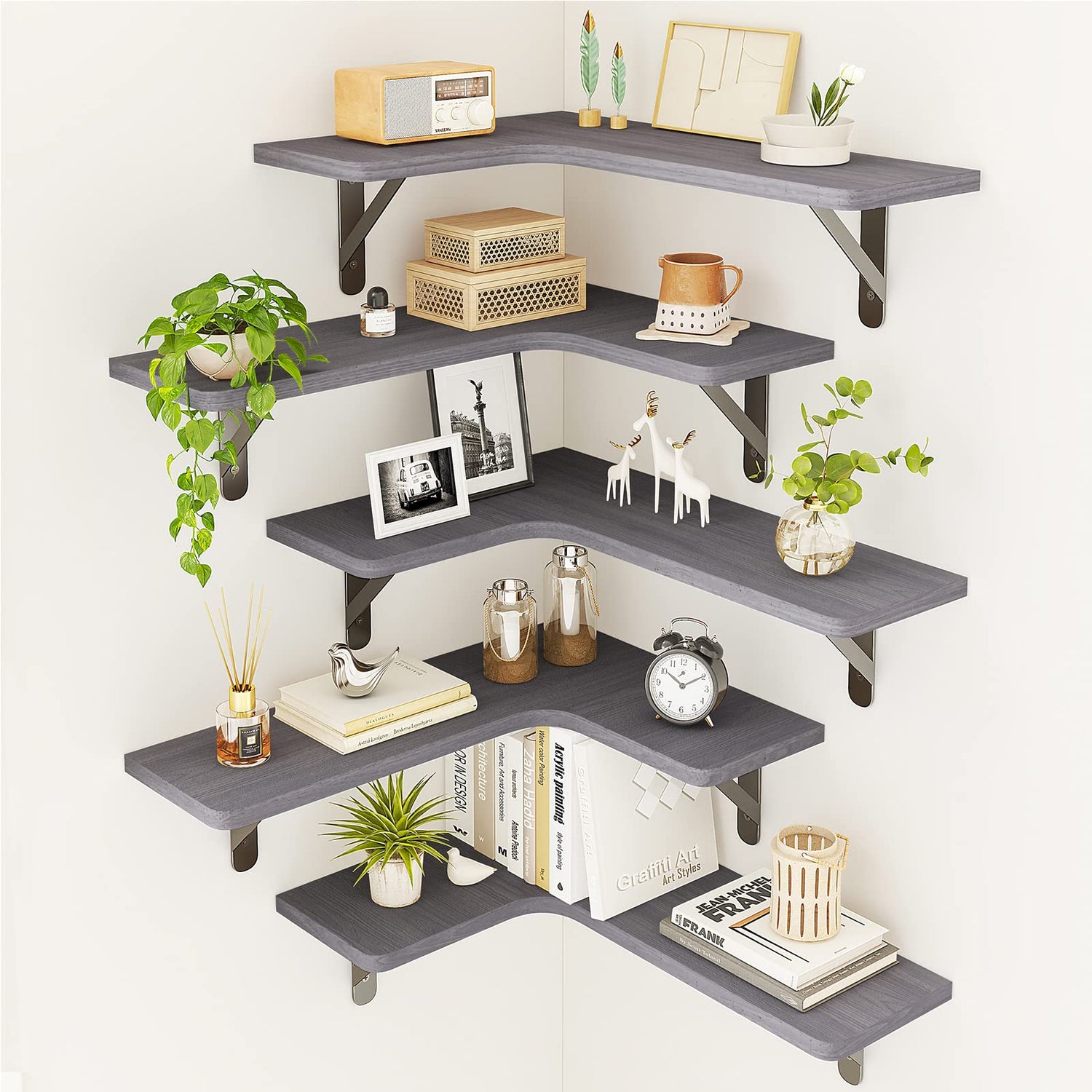 Floating Shelves,5-Pack Corner Floating Shelves( Rustic Gray)