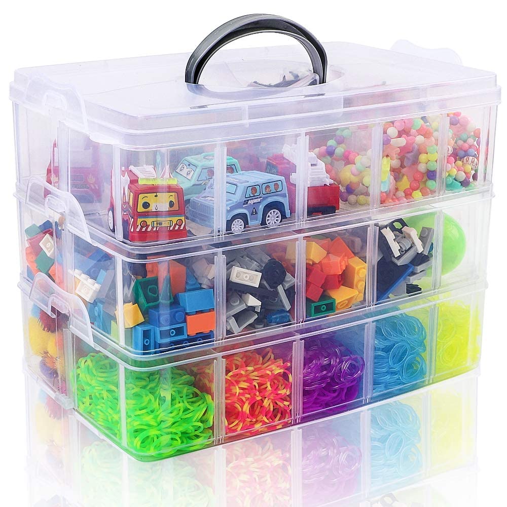 Plastic Storage,3-Tier Stackable Storage Box with 30 Adjustable Compartments