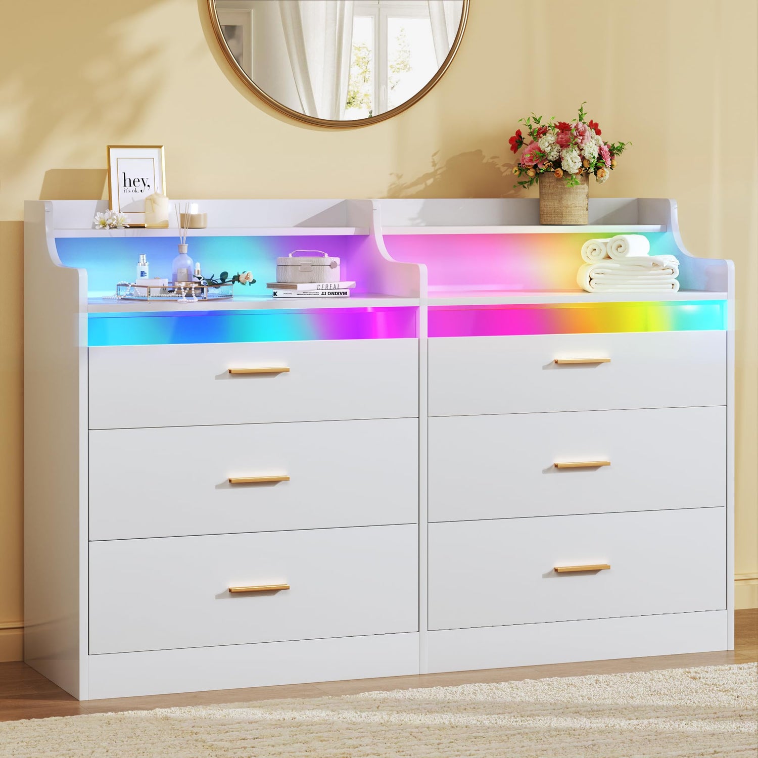 Storage Cabinets & Lockers,Modern 49-Inch White Dresser with LED Lighting - 6-Drawer Wooden Chest with Open Shelf Storage