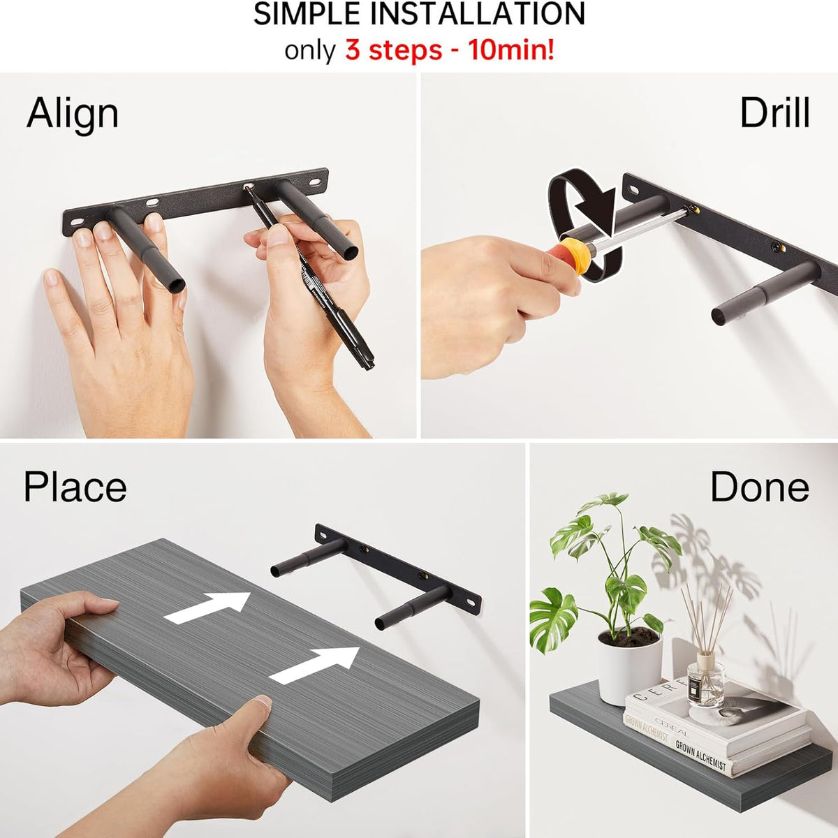 SUPERLELE 4-Pieces Floating Shelves for Wall, Wall Mounted Rustic Wood Shelves Grey