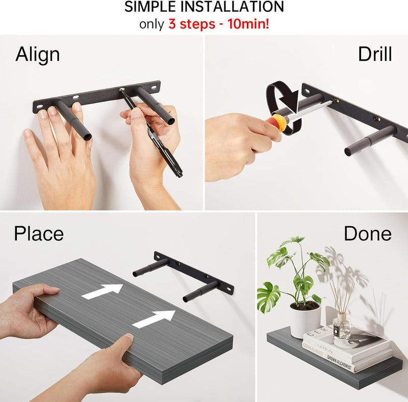 SUPERLELE 4-Pieces Floating Shelves for Wall, Wall Mounted Rustic Wood Shelves Grey