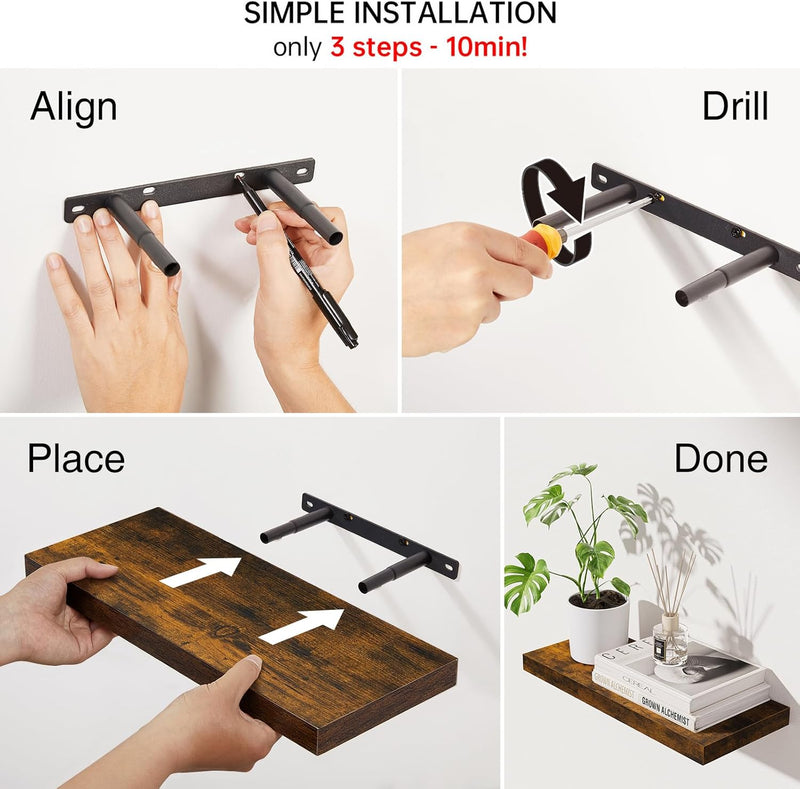 SUPERLELE 4-Pieces Floating Shelves for Wall, Wall Mounted Rustic Wood Shelves Rustic Brown