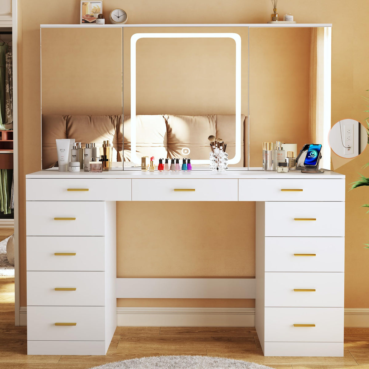 Dresser,Elegant LED Vanity Desk, 47.2" with 11 Drawers & Hidden Shelves