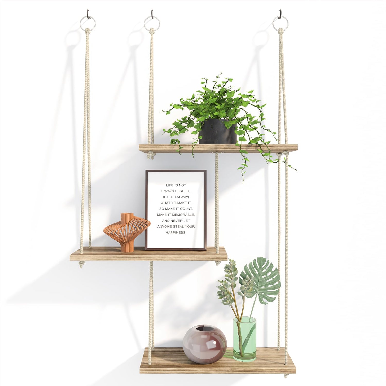 Floating Shelves,3-Tier Boho Wall Shelves - Floating Rope Shelves for Rustic Home Decor(Rustic Brown)