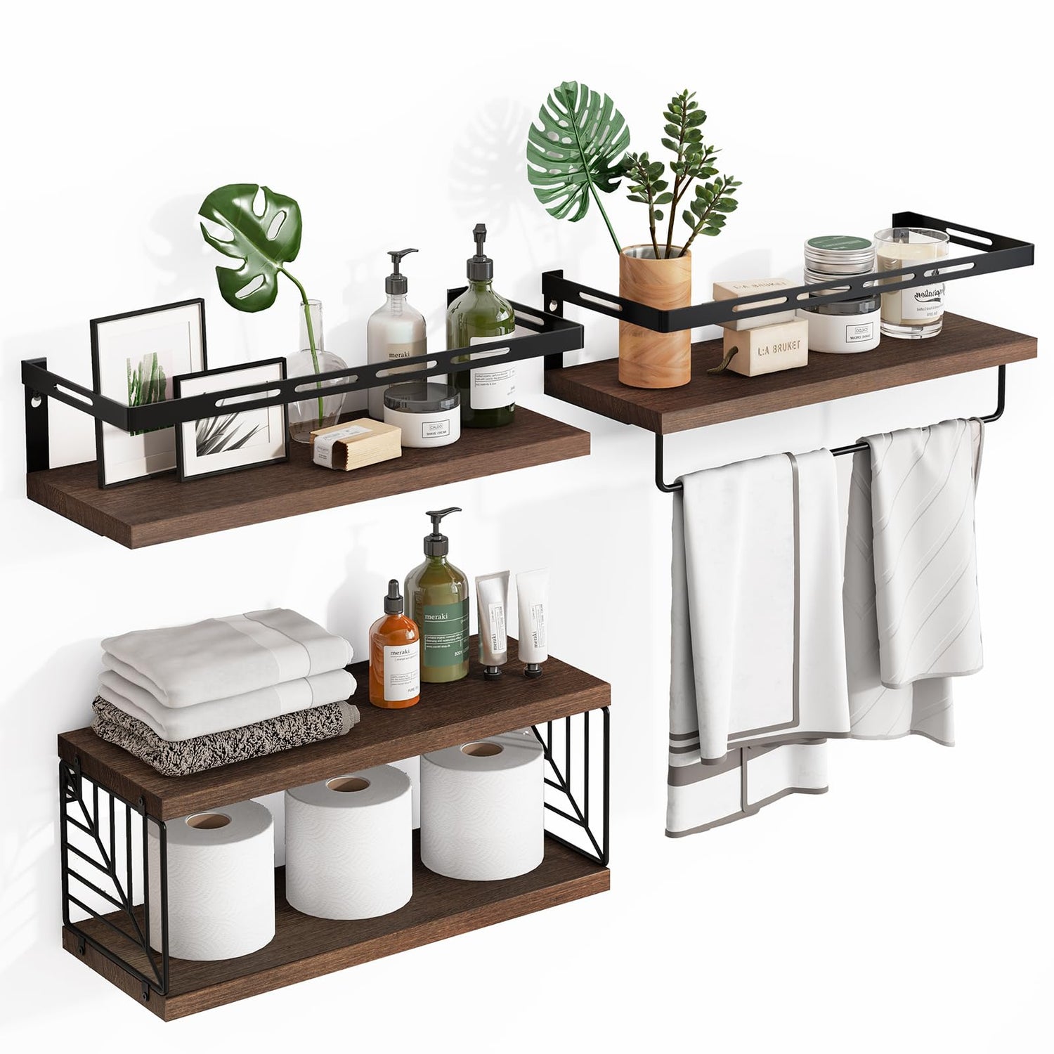 Floating Shelves,3+1 Tier Wall-Mounted Bathroom Shelves with Towel Bar