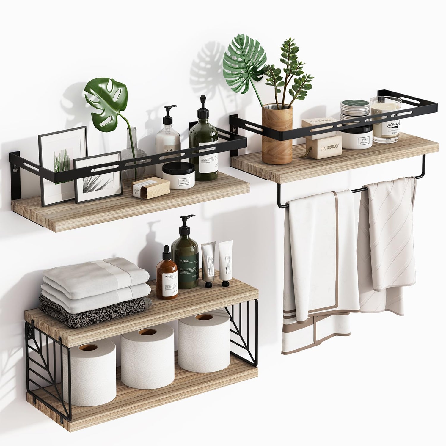 Floating Shelves,3+1 Bathroom Floating Shelves with Towel Bar, Rustic Wood