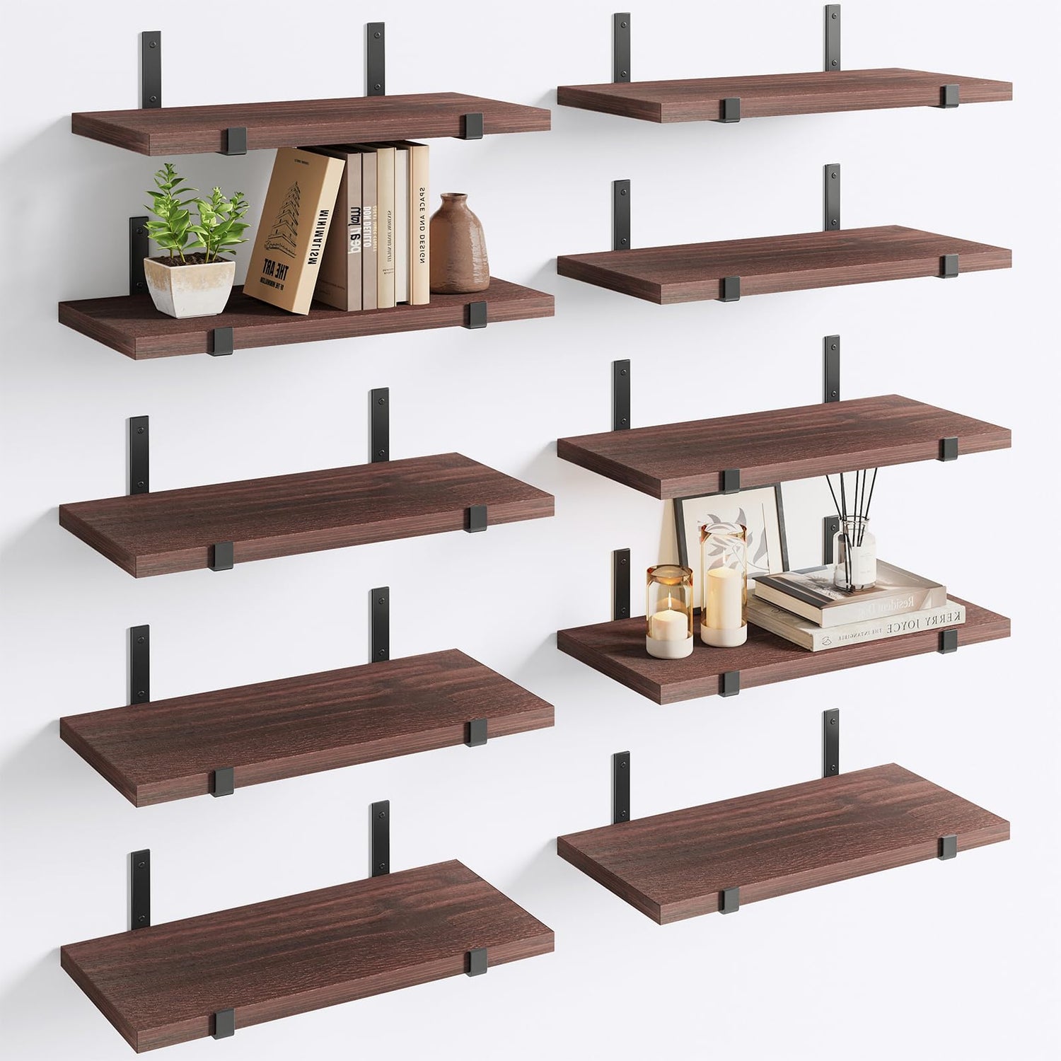Floating Shelves,Rustic Floating Shelf Set - 10-Pack Natural Wood Wall Shelves(Walnut Brown)