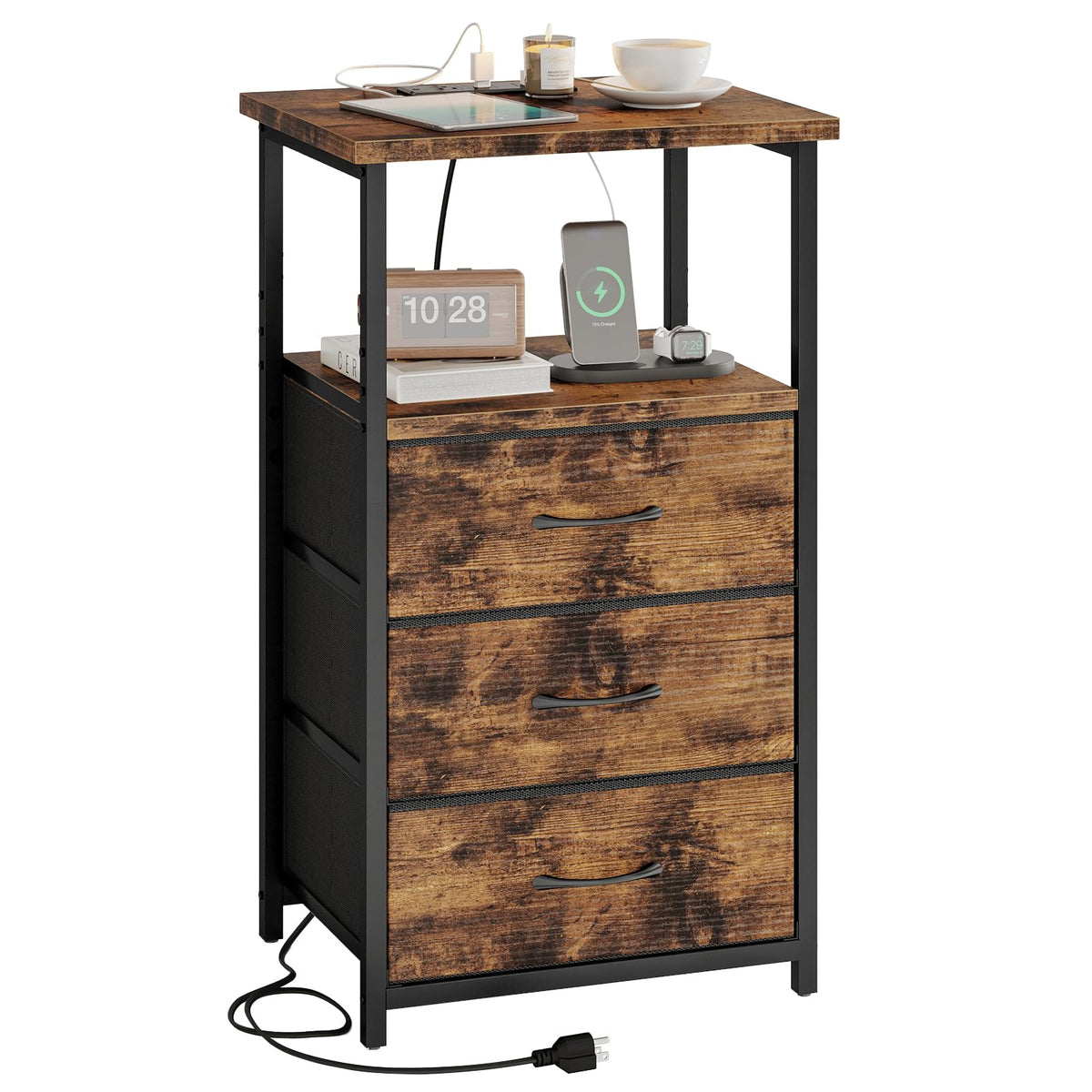 Nightstands,Modern Night Stand with 3 Fabric Drawers, Rustic Brown