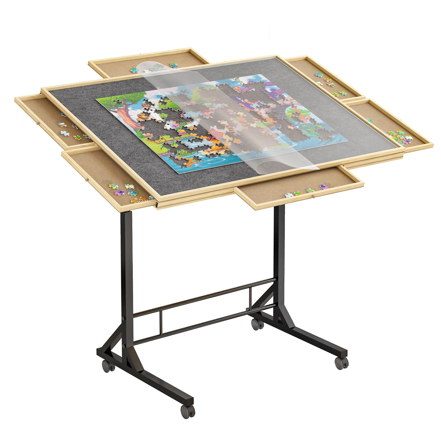 Jigsaw Puzzle Table,1500 Piece Jigsaw Puzzle Table with 6 Drawers and Legs 4 Wheels  Adjustable 34"x 26"