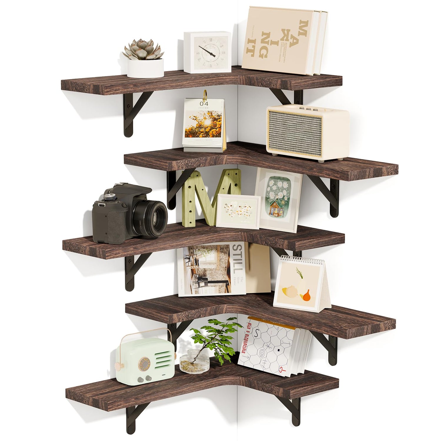 Floating Shelves,Set of 5 Corner Floating Shelves, Rustic Brown