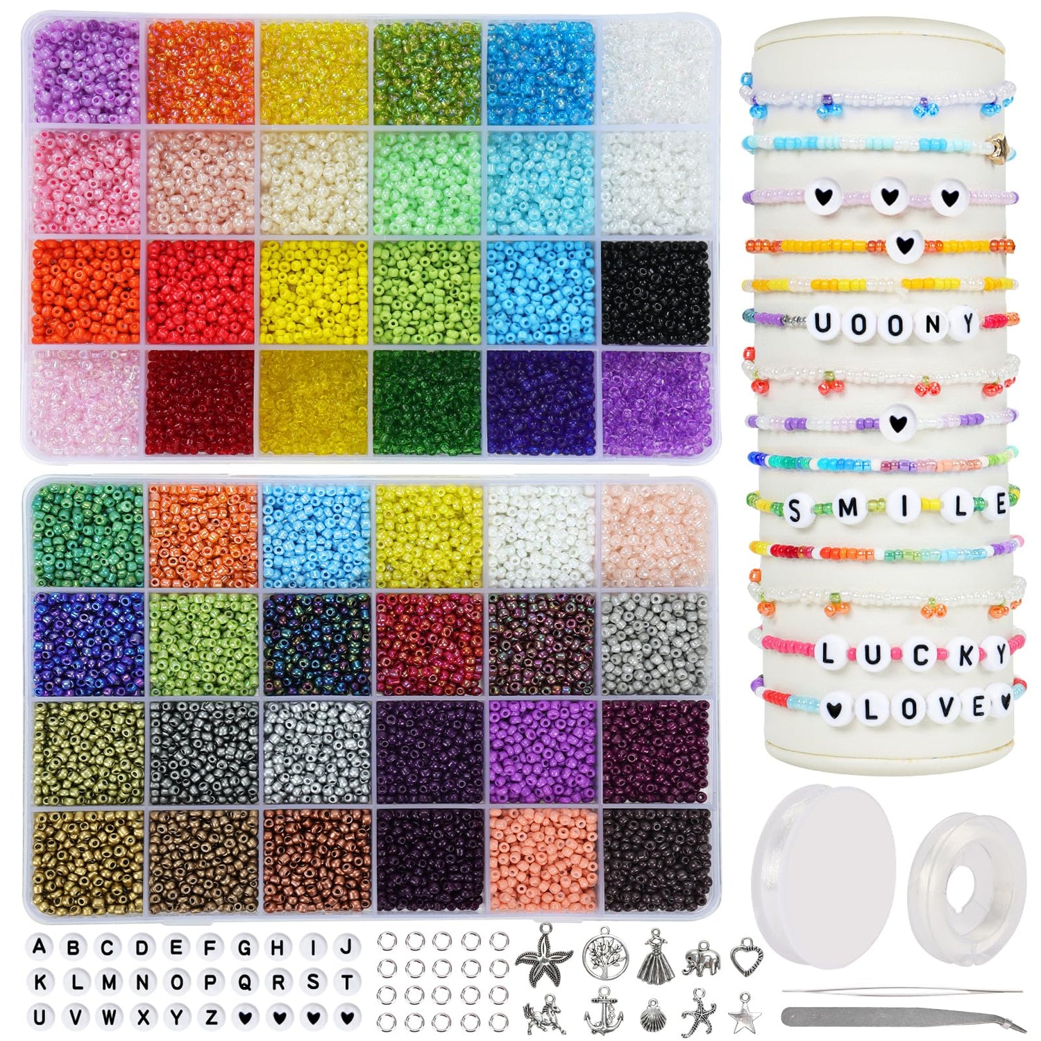Beads and Sets,48 Color Glass Seed Beads Kit (16800 Pieces), 3mm