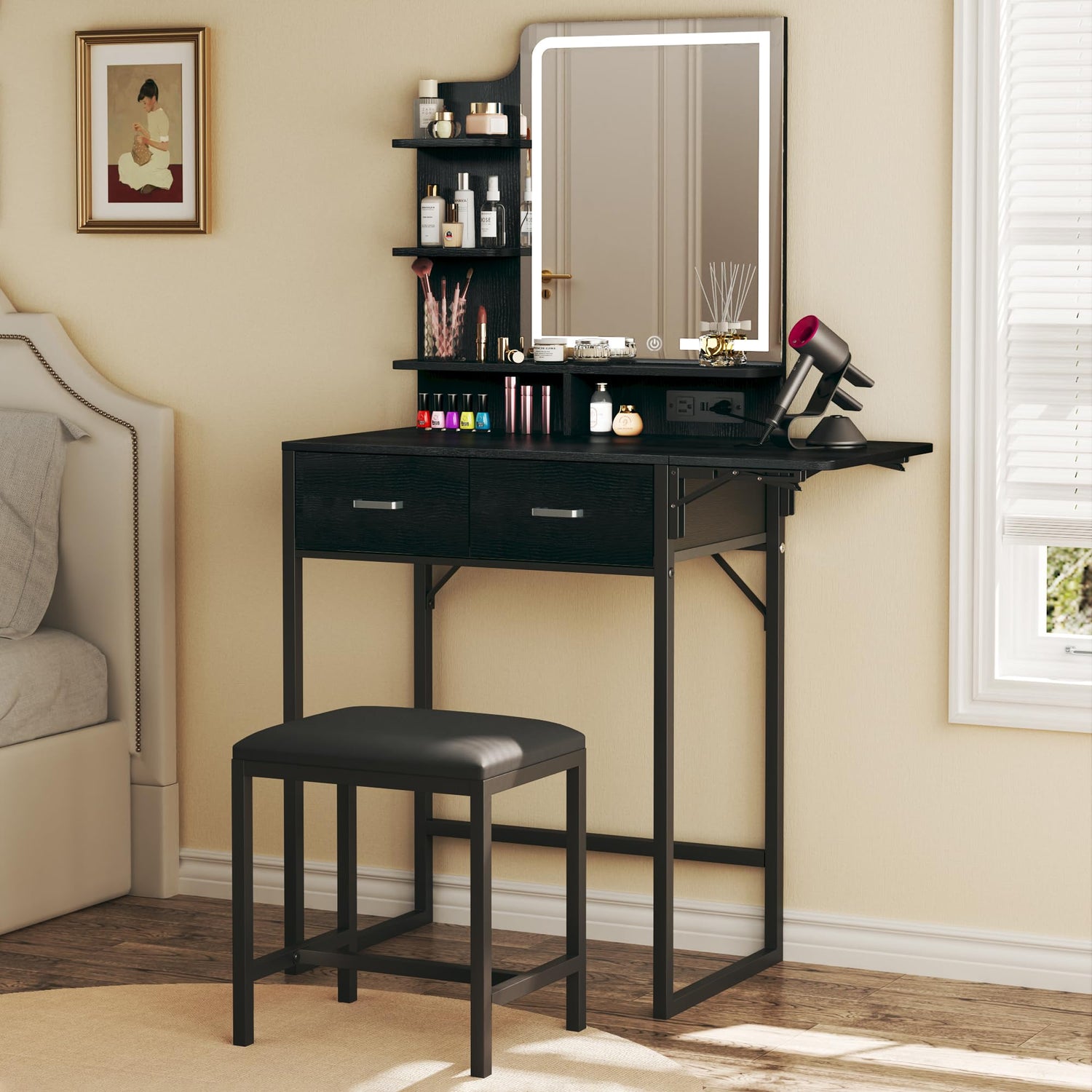 Steel and wood fabric dressing cabinet,Compact Vanity Desk with LED Mirror, White Dressing Table Includes Chair