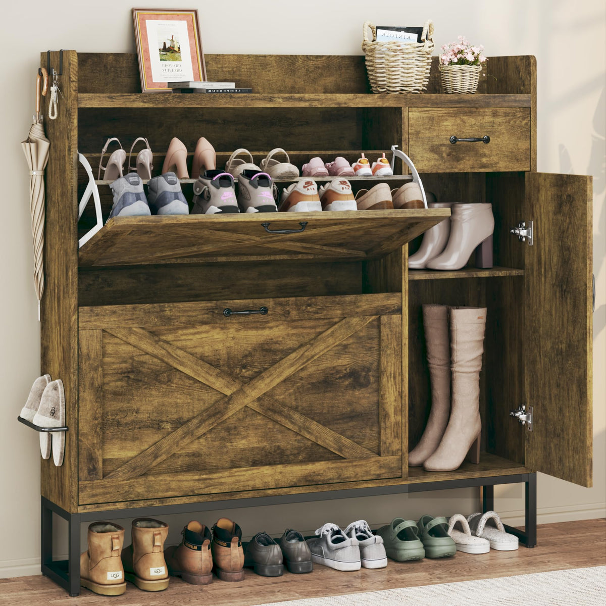 Shoe Cabinet,Modern Shoe Cabinet with Flip Drawers & Side Storage