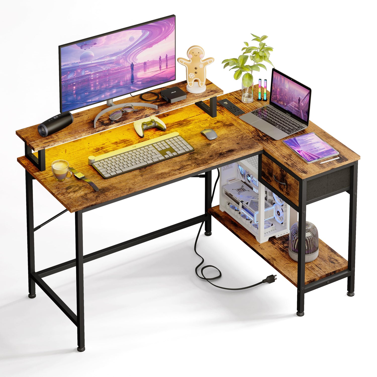 Steel And Wood Office Desk,43-Inch L-Shaped Gaming Desk with Power Outlets and LED Lights, Rustic Brown
