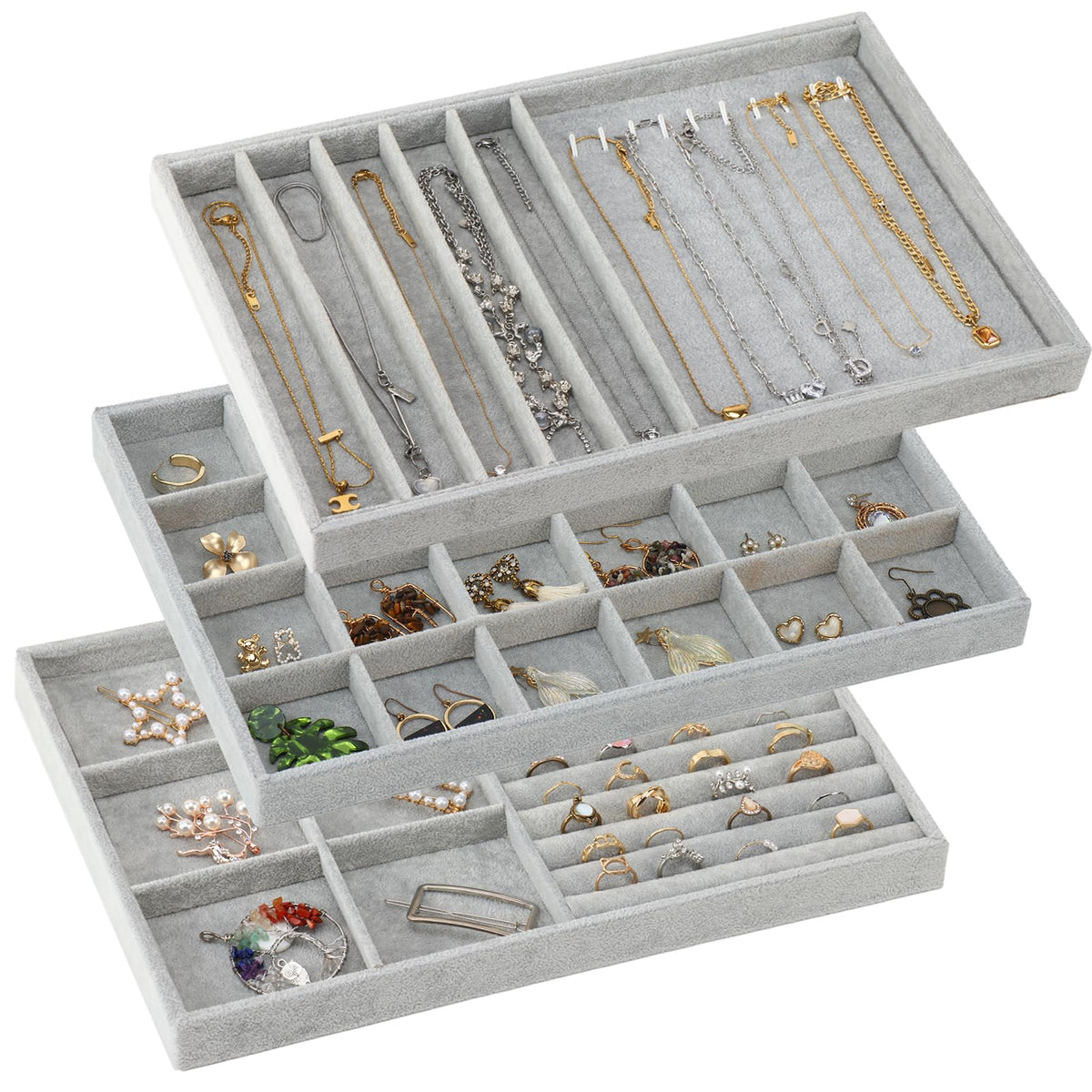 Flocked storage,13.8in Stackable Jewelry Organizer Trays with Adjustable Dividers - 3-Piece Set in Elegant Grey