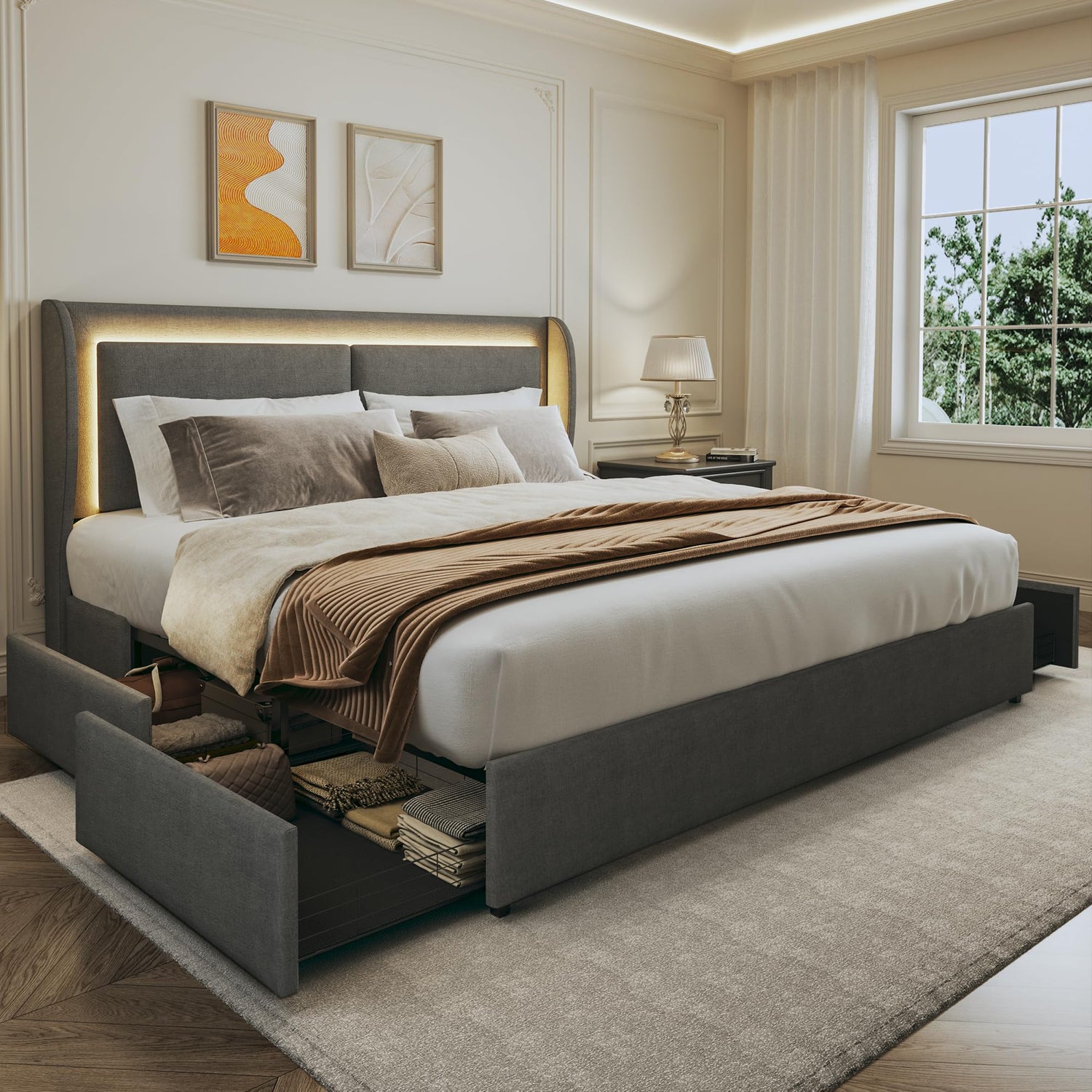 Bed & Bed Frame Accessories,Queen Storage Bed Frame with Upholstered Headboard