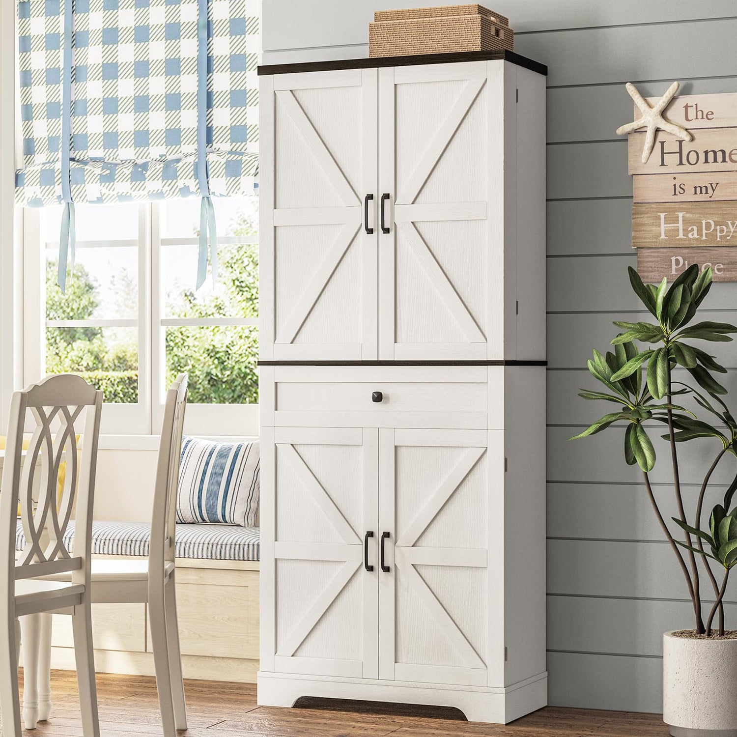 Pure Wood Chest Of Drawers,72" Farmhouse Pantry Cabinet with Adjustable Shelves & Countertop