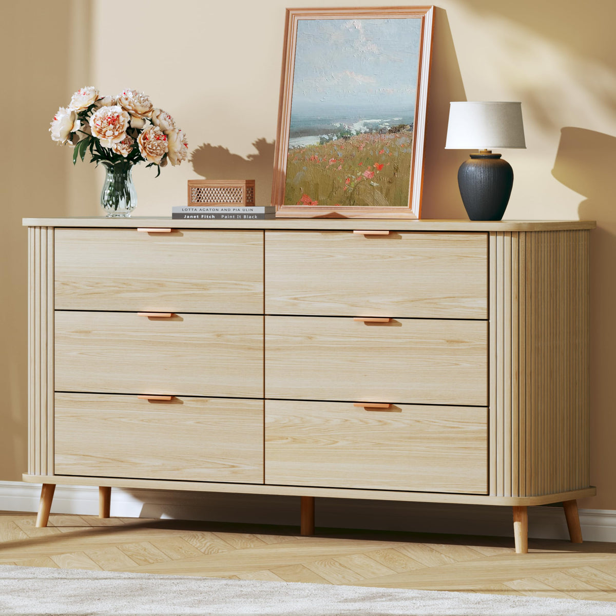 Storage Cabinets & Lockers,Mid Century Modern Fluted Dresser, 6-Drawer