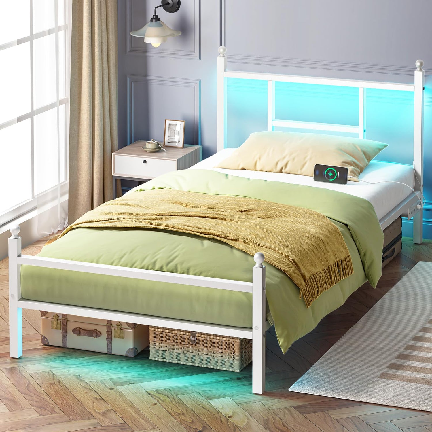 Metal Bed Frame,Twin Size LED Bed Frame with Built-in Power Outlets - Modern White Metal Platform