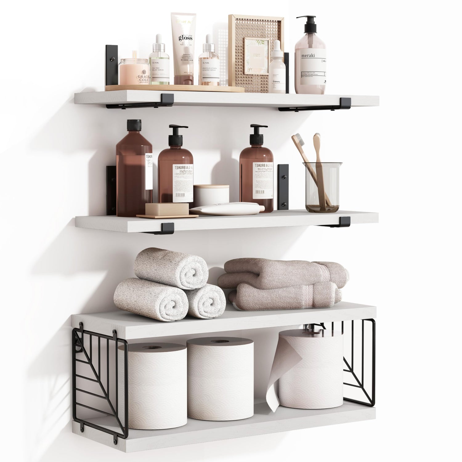Floating Shelves,3+1 Tier Rustic Bathroom Shelves with Toilet Paper Storage - Wall-Mounted Farmhouse Organizer (White)