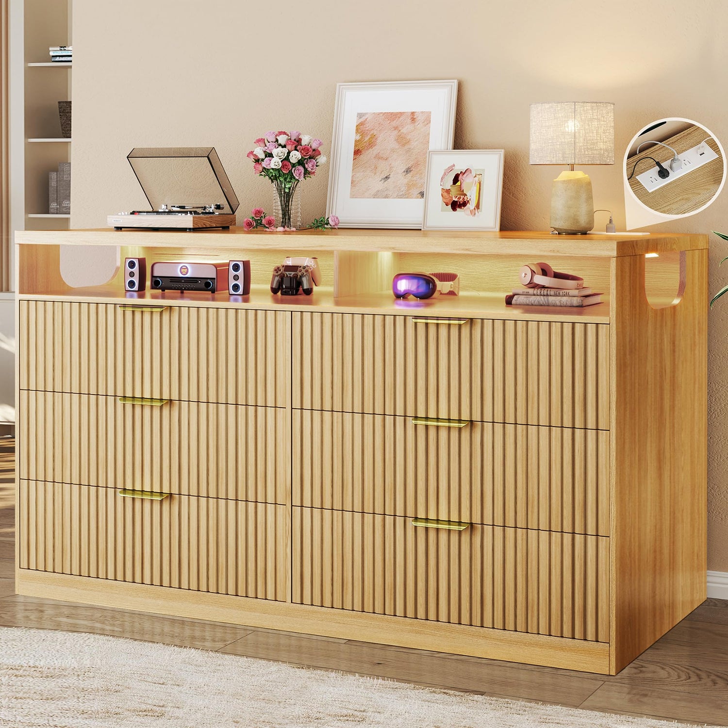 Storage Cabinets & Lockers,55" Modern Fluted Dresser with LED Lighting & USB Ports,6-Drawer