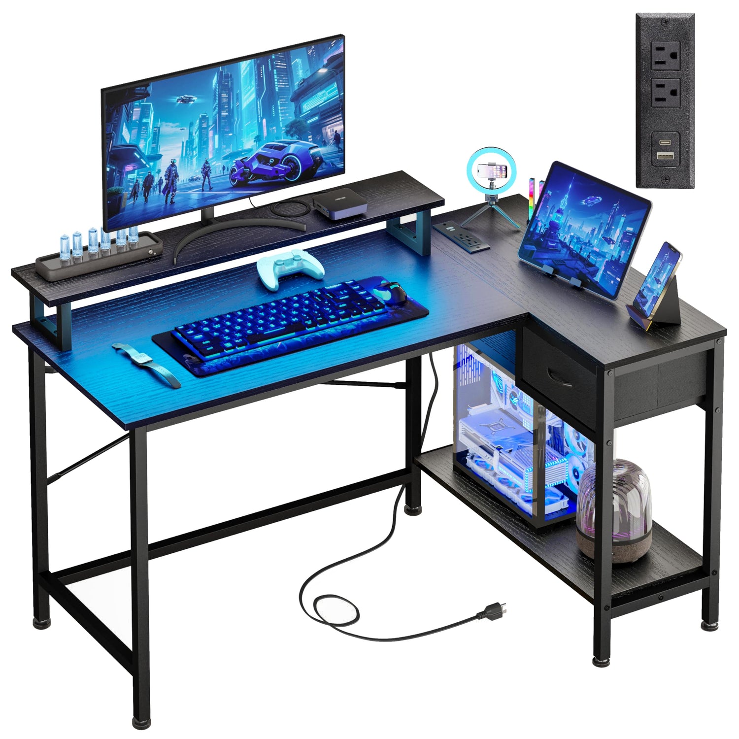 Steel And Wood Office Desk,L-Shaped Gaming Desk with RGB Lighting & Charging Station