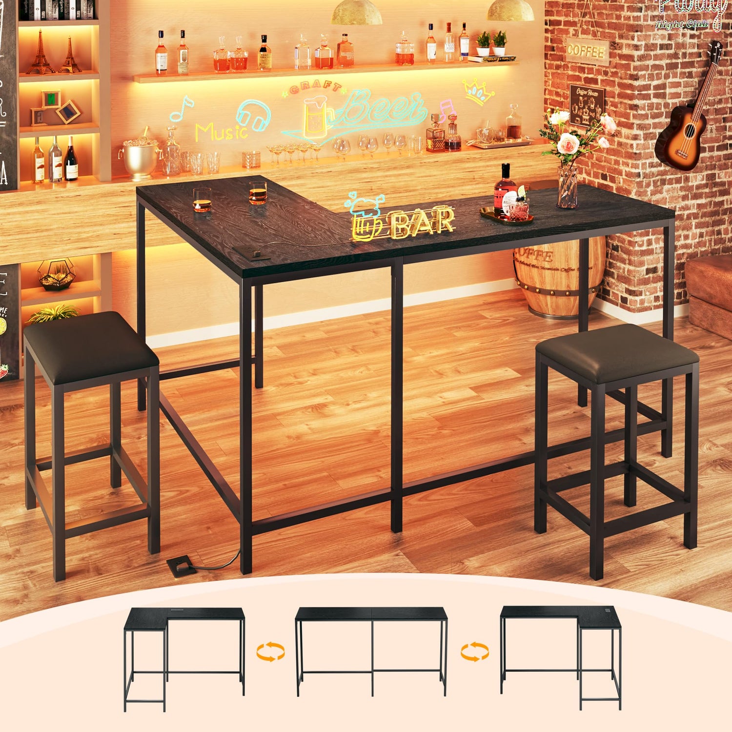 Dining Benches,63" Convertible L-Shaped Kitchen Table Set with Power Outlets - Space-Saving Breakfast Nook with 2 Stools - Modern Black Finish