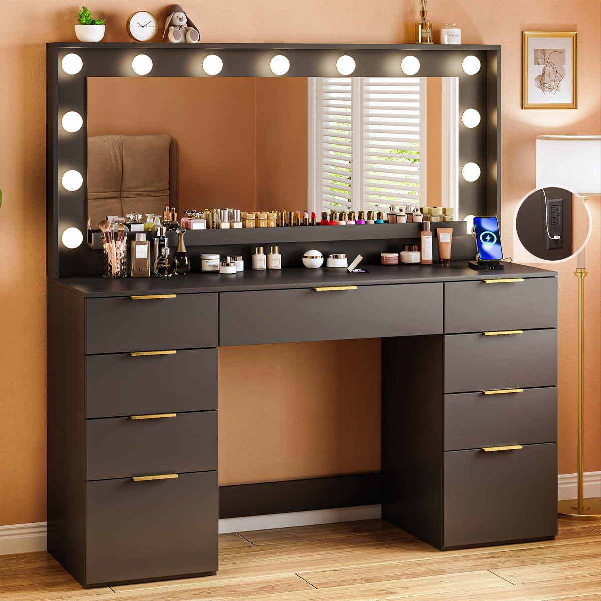 Dresser,45.3 Inch Vanity Desk with Illuminated Mirror & Power Outlet