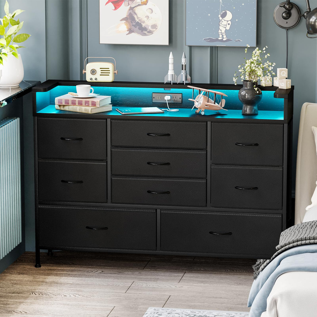 Storage Cabinets & Lockers,9-Drawer LED Dresser with Charging Station - Modern PU Leather Storage Cabinet with Cool Lighting