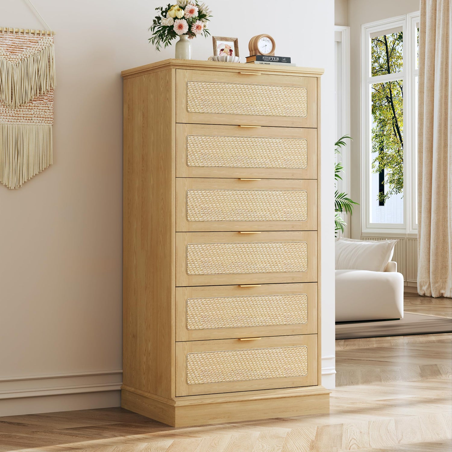 Storage Cabinets & Lockers,50" Tall 6-Drawer Boho Dresser in Natural Oak