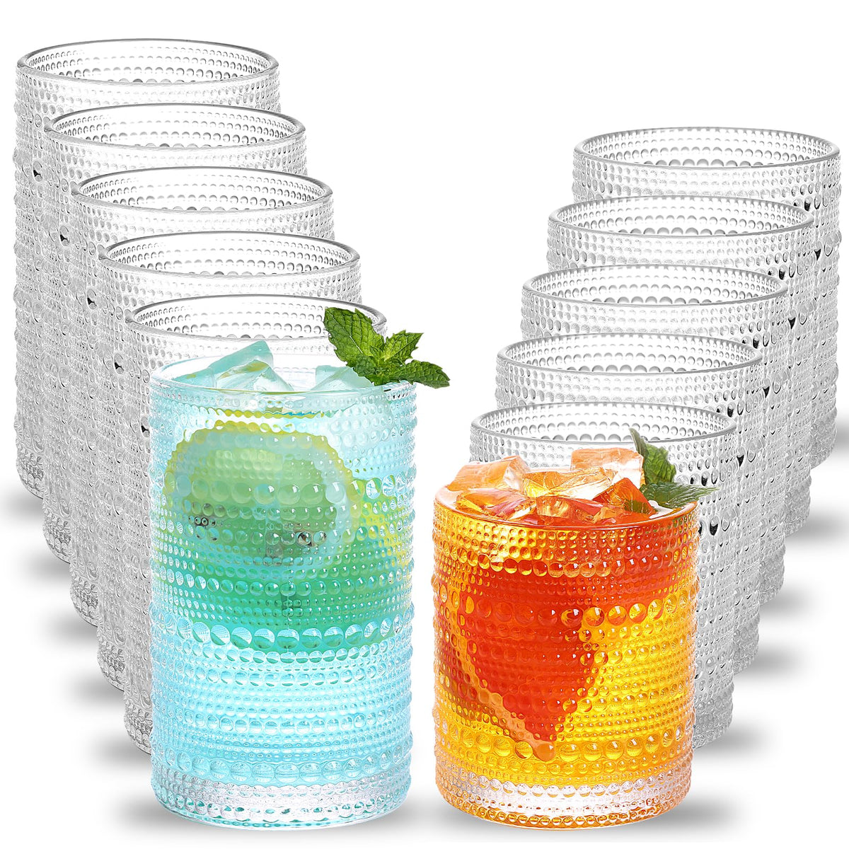Glass Drinkware,Hobnail Drinking Glasses Set of 12,12 Oz Highball & 10 Oz Cocktail Glasses